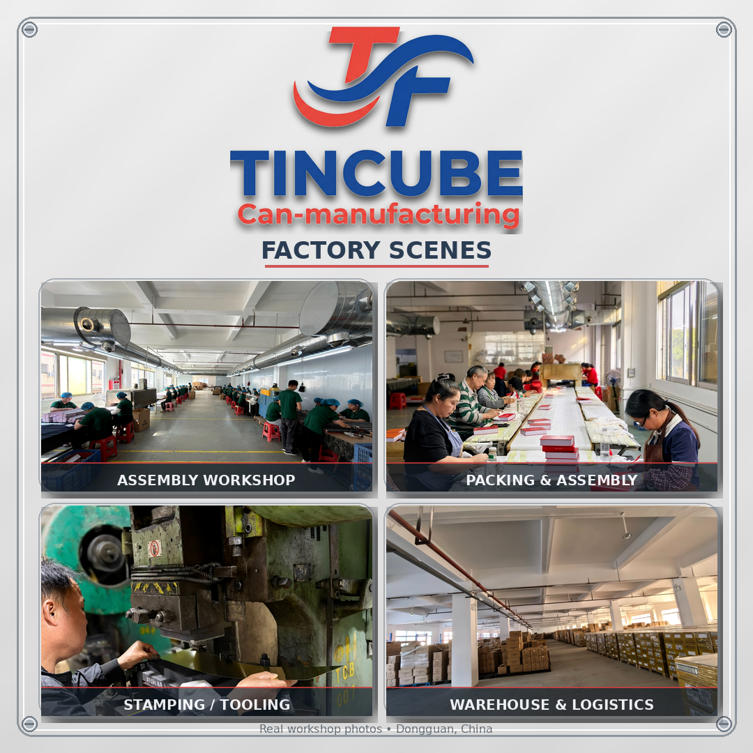 TINCUBE factory — assembly workshop, packing line, stamping, and warehouse in Dongguan China
