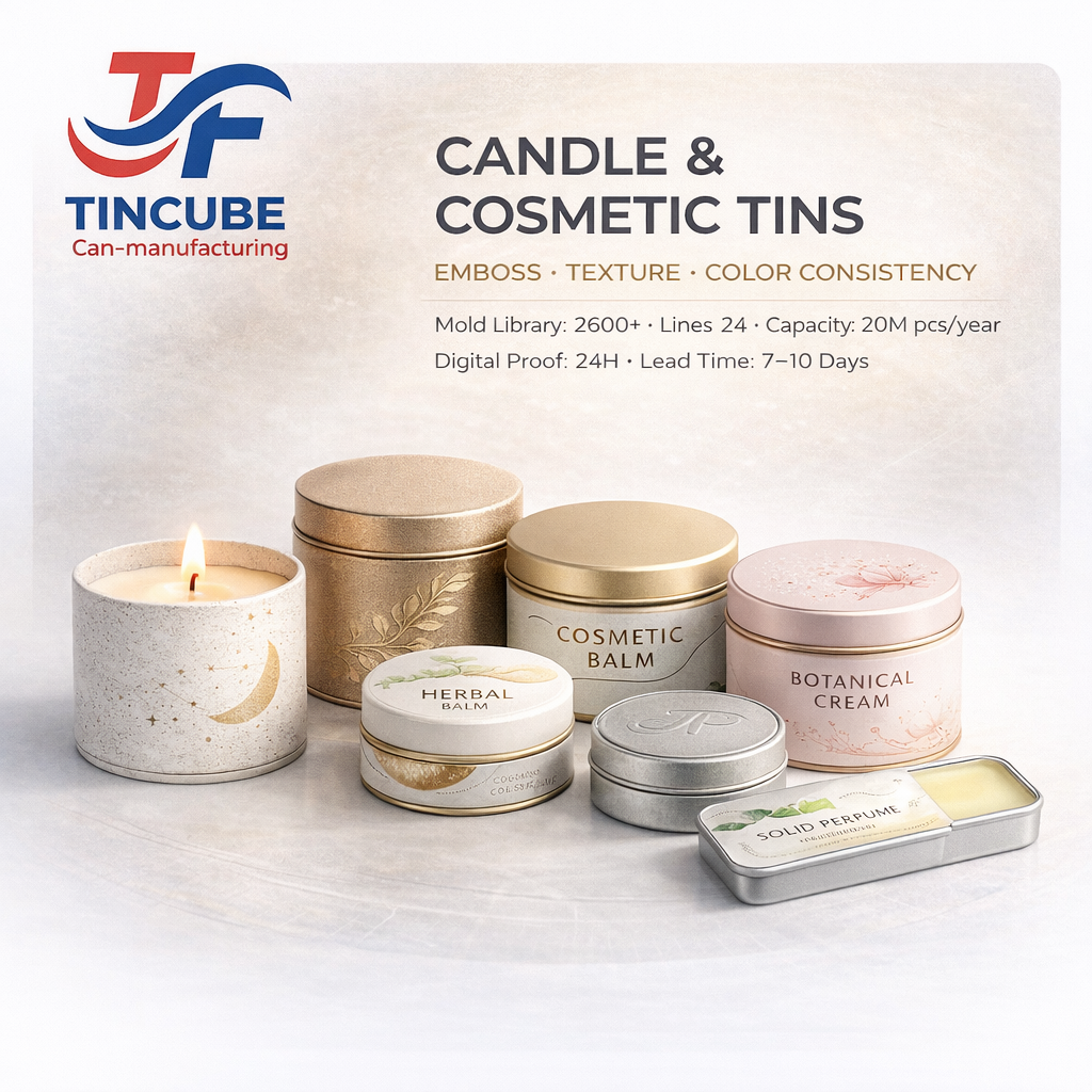 Custom candle and cosmetic round tins — matte finish, emboss texture, OEM